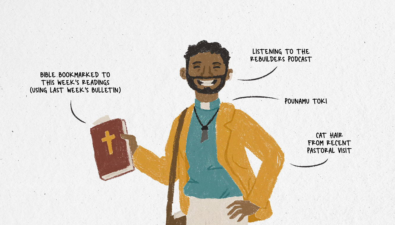 An illustration of a vicar with parts labelled