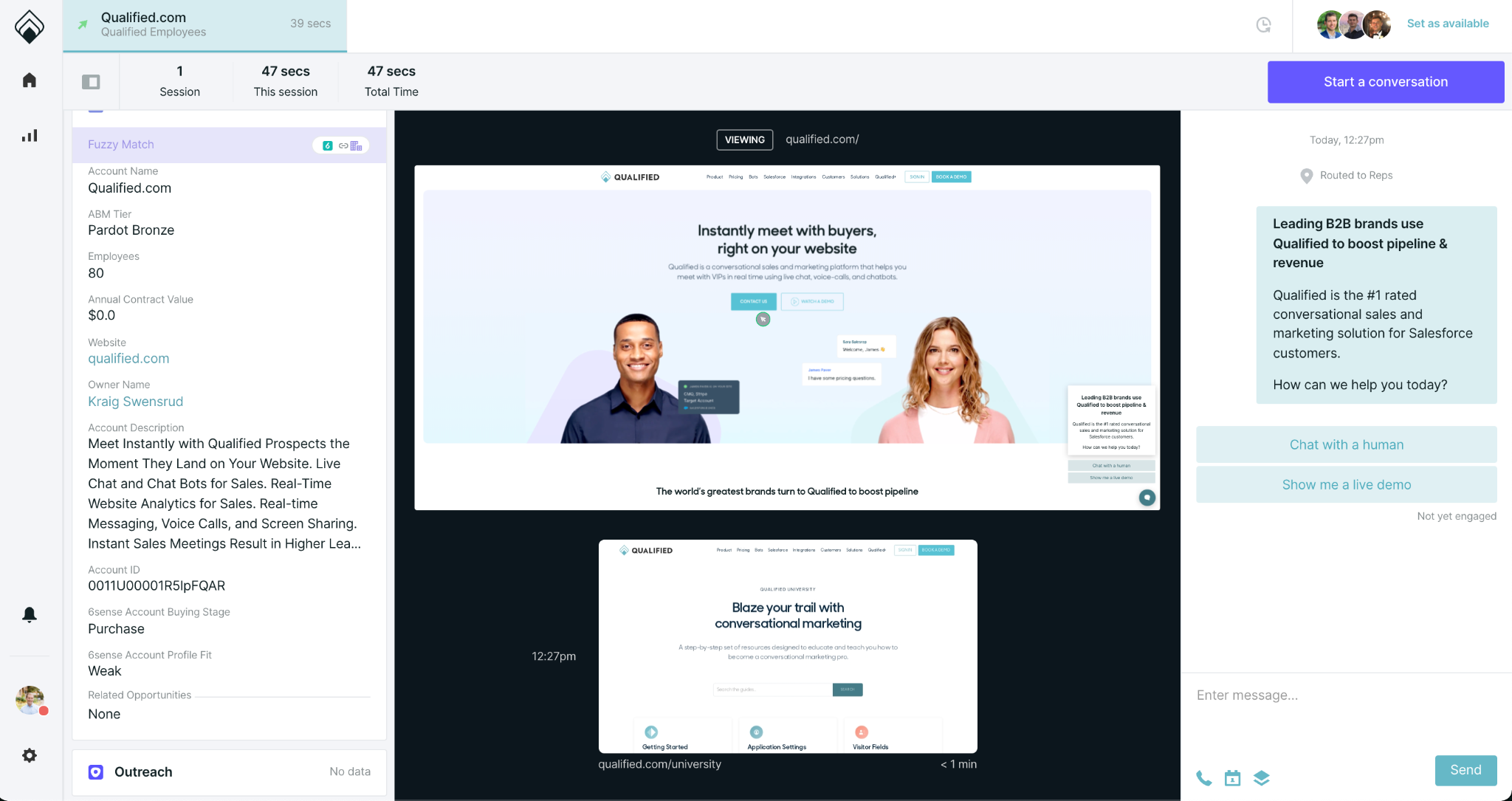 Screenshot showing the Visitor 360, the Live View, and Conversation Panel (from L-R)