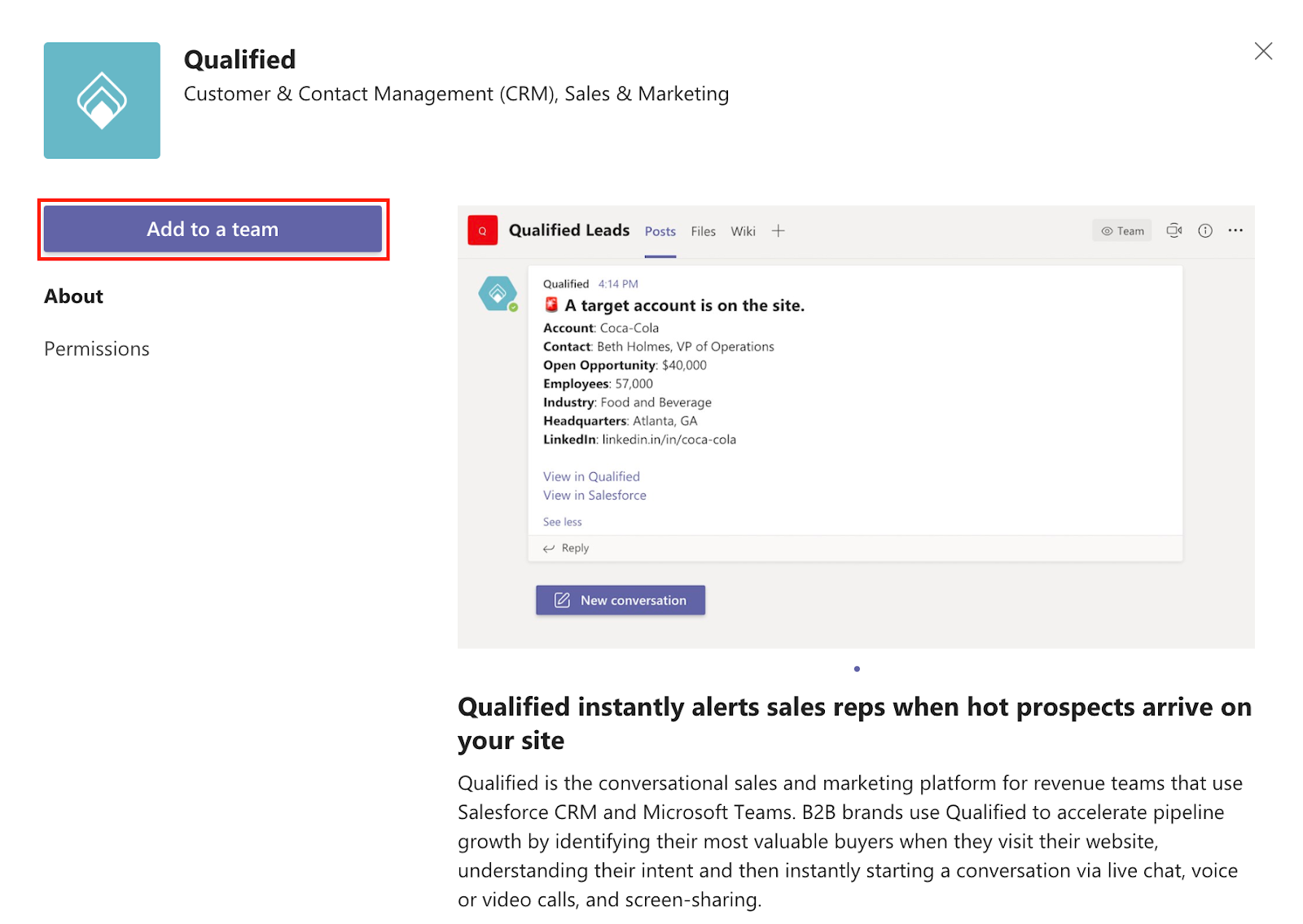Adding the App allows Qualified to send messages to your Team
