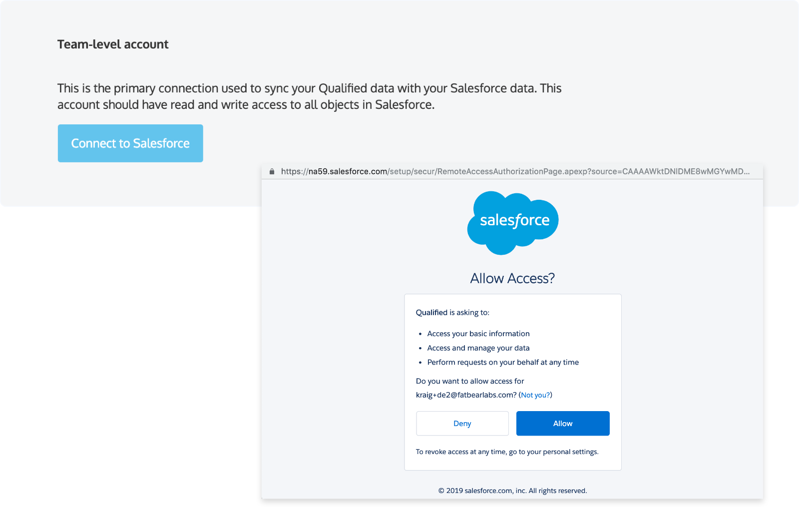 Connecting a team-level account to Salesforce via Oauth.