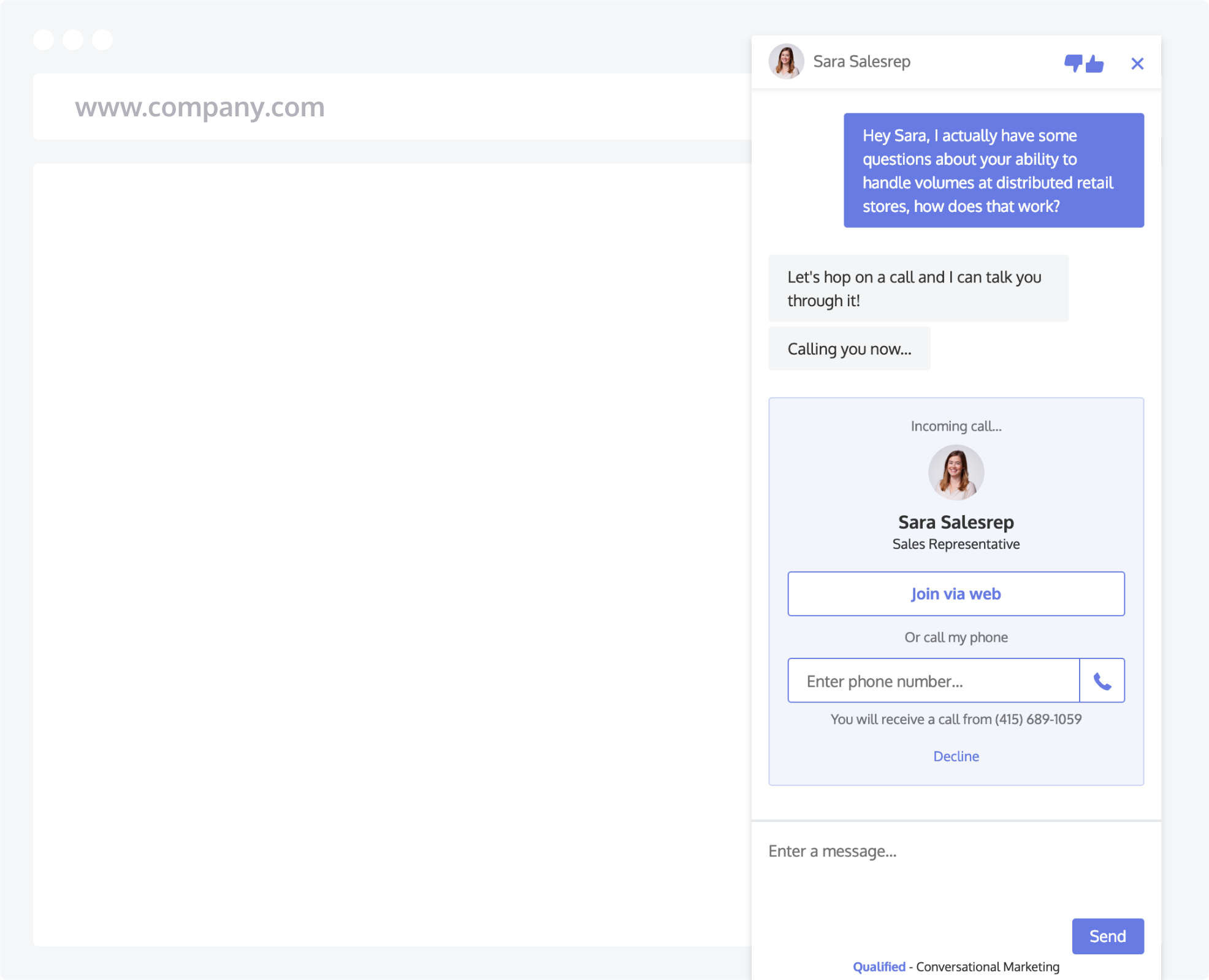 The website prospect sees a voice prompt to accept or transfer to phone