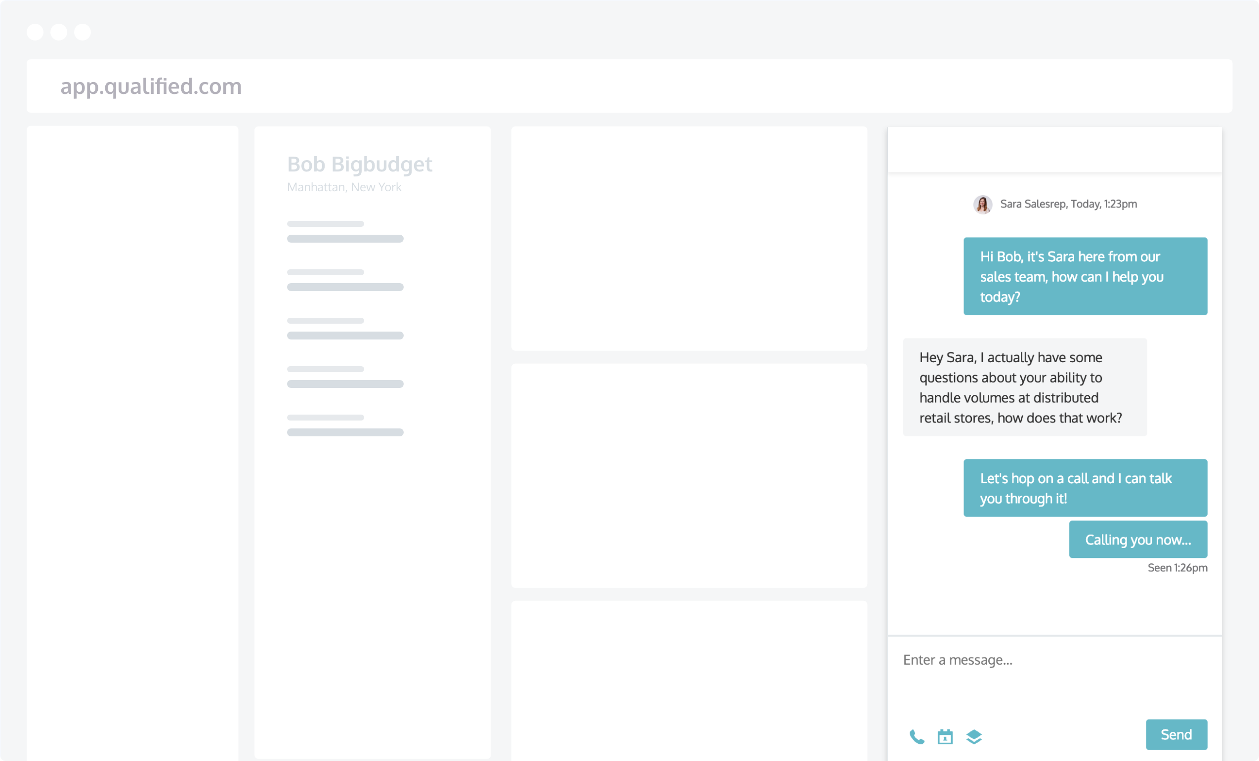 A chat in the Qualified Sales Console initiating a callUpgrading a live chat to a voice call for maximum selling productivity