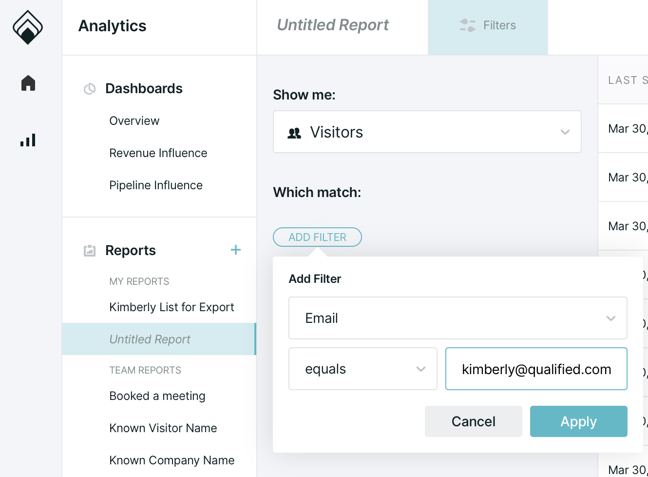 Creating a report to find your visitor session history.