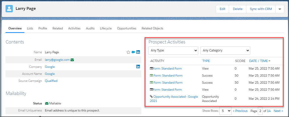 Sample Pardot Prospect, showing some activity history