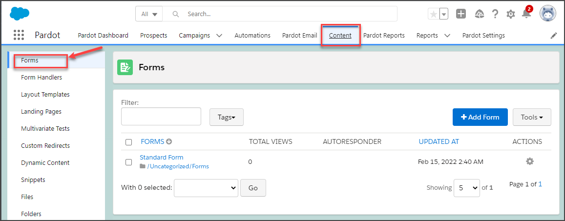 Access Forms from the left side-bar of the Content tab