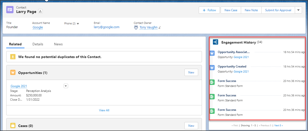 Engagement History on a sample Salesforce Contact record