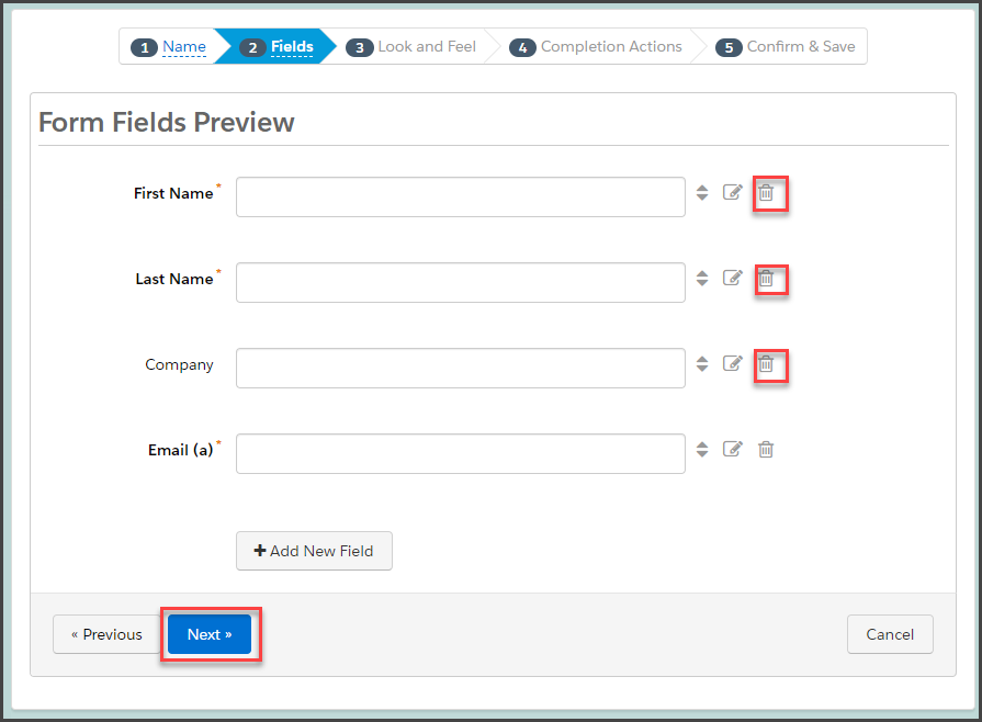 Shows the delete icons to the right of the first name, last name, and company fields to click to delete those fields