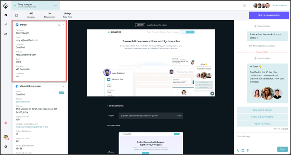 Sample visitor screen in Qualified showing Pardot display fields