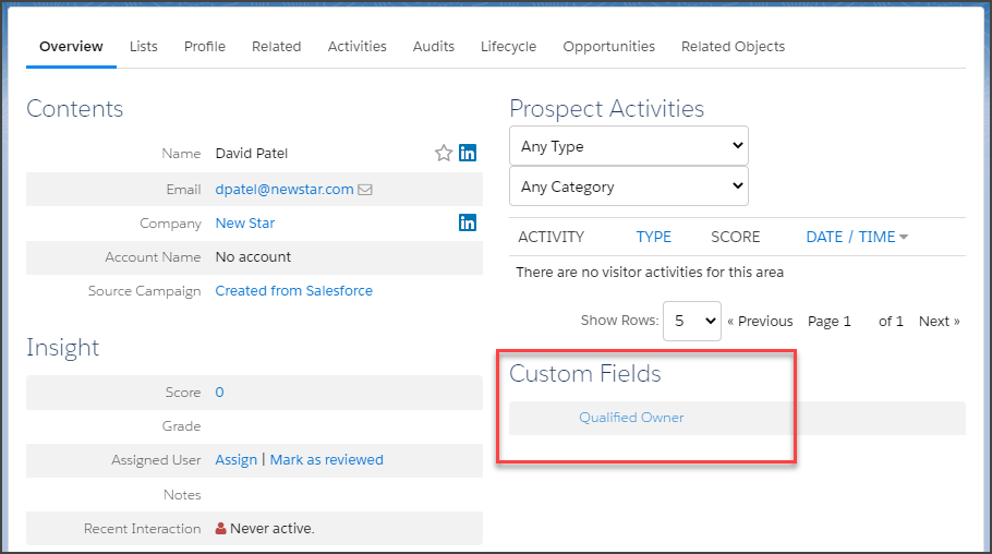 Pardot Prospect record, showing several fields, including a custom field