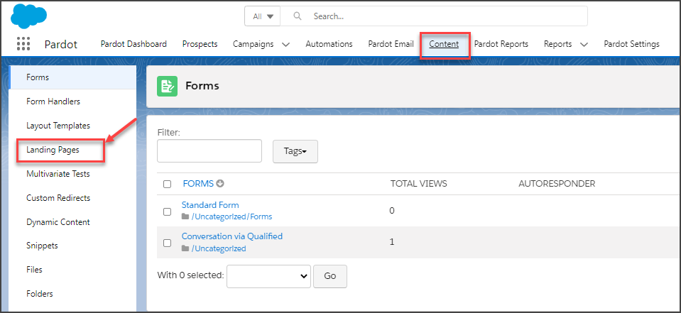 Access Landing Pages from the left side-bar of the Content tab