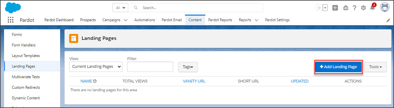 Click +Add Landing Page from the Landing Pages section of the Content tab