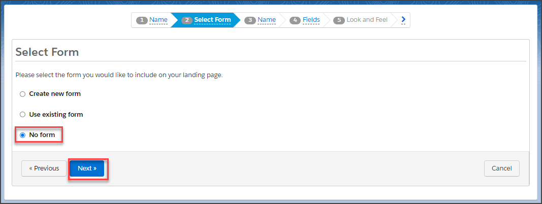 Select whether you want to include a form on your landing page and click Next