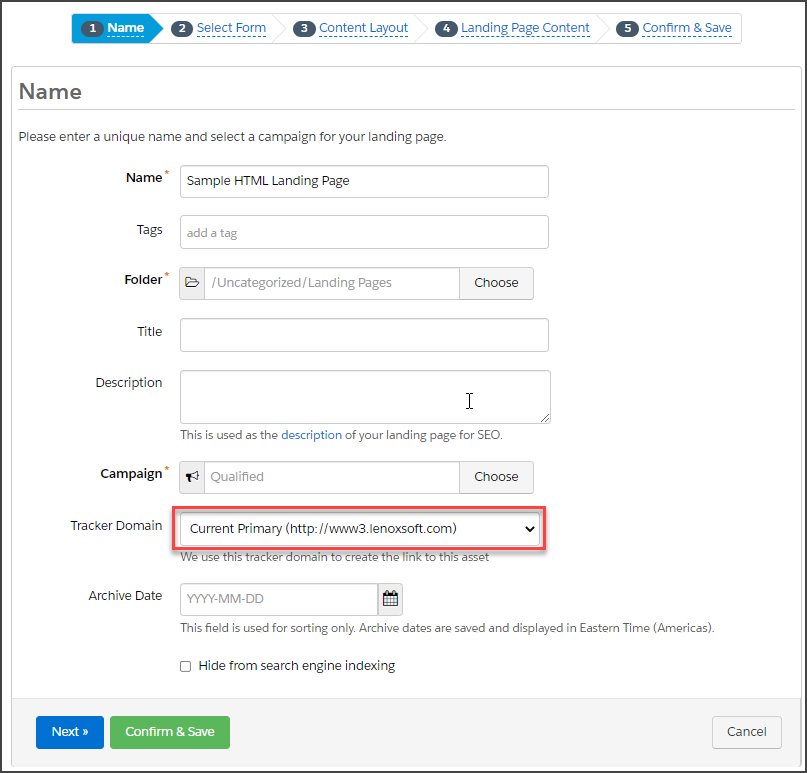 Name the new landing page and click Next