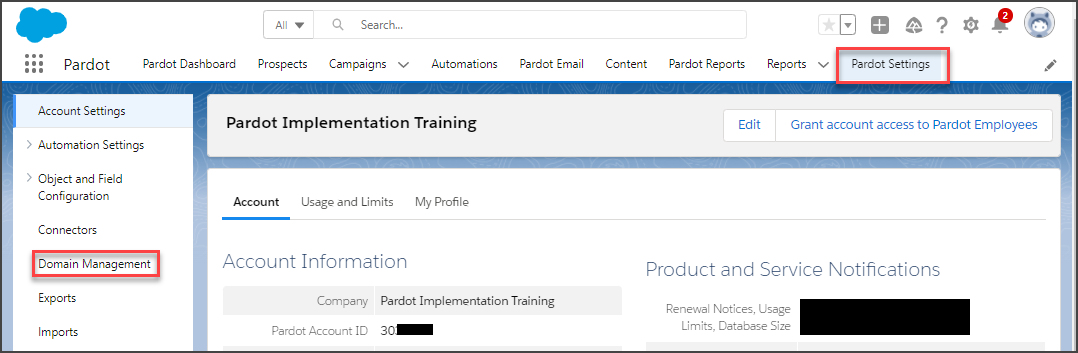 Click Domain Management in the left side-bar of the Pardot Settings tab