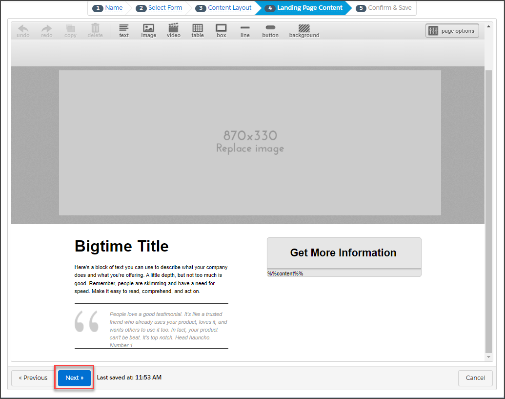 Click Next to move to the last screen of the Page Content editor
