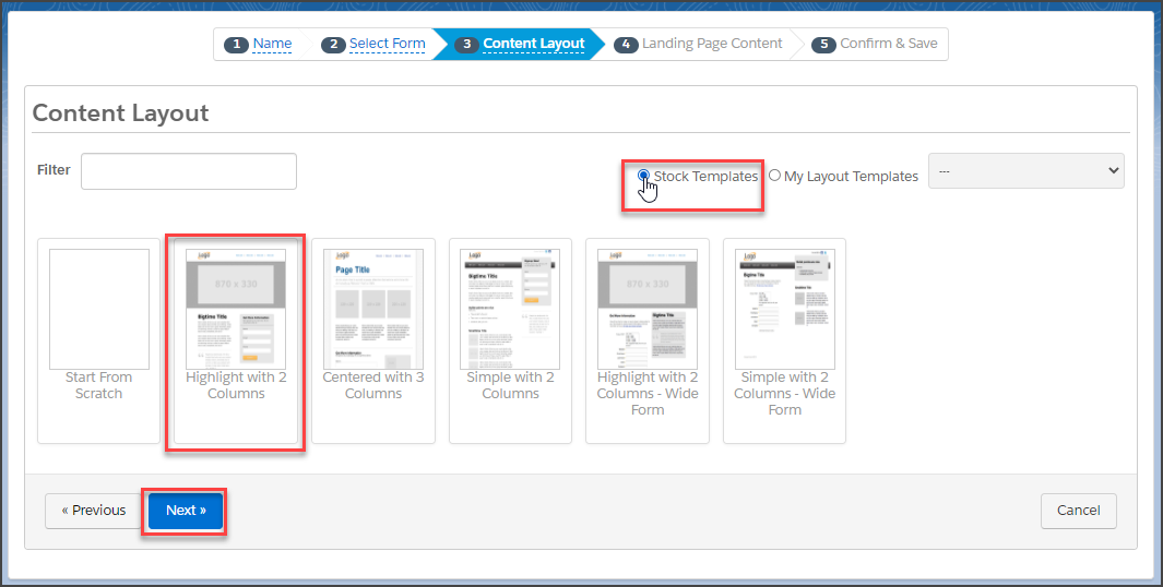 Change to stock templates, click the thumbnail of the template you want, and click Next