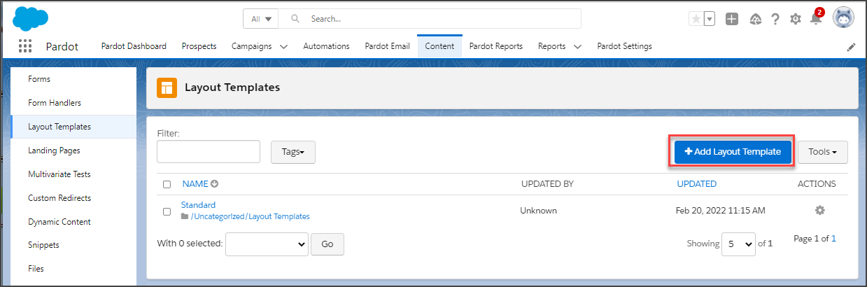 Click +Add Layout Template from the Layout Templates section of the Content tab