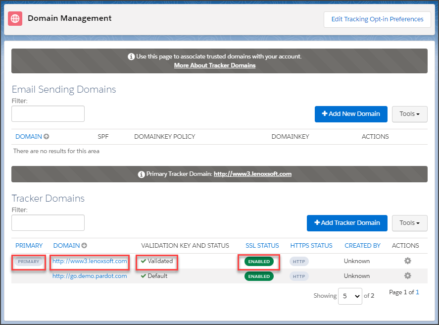 Verify that your company's aliased tracker domain is validated, enabled, and (optionally) the primary domain.