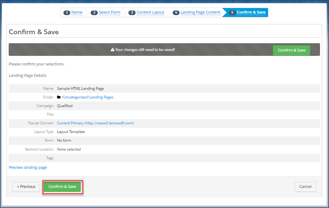 Click Confirm & Save to commit the updates you made to a copy of the Pardot page layout template