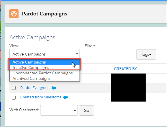 Ensure that the Pardot Campaigns list view includes all active campaigns