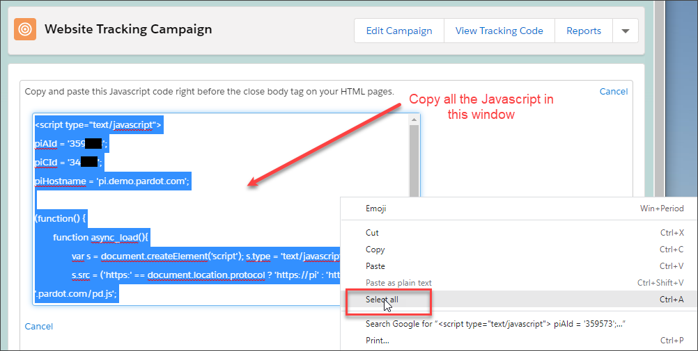 Select all the JavaScript tracking code and copy it