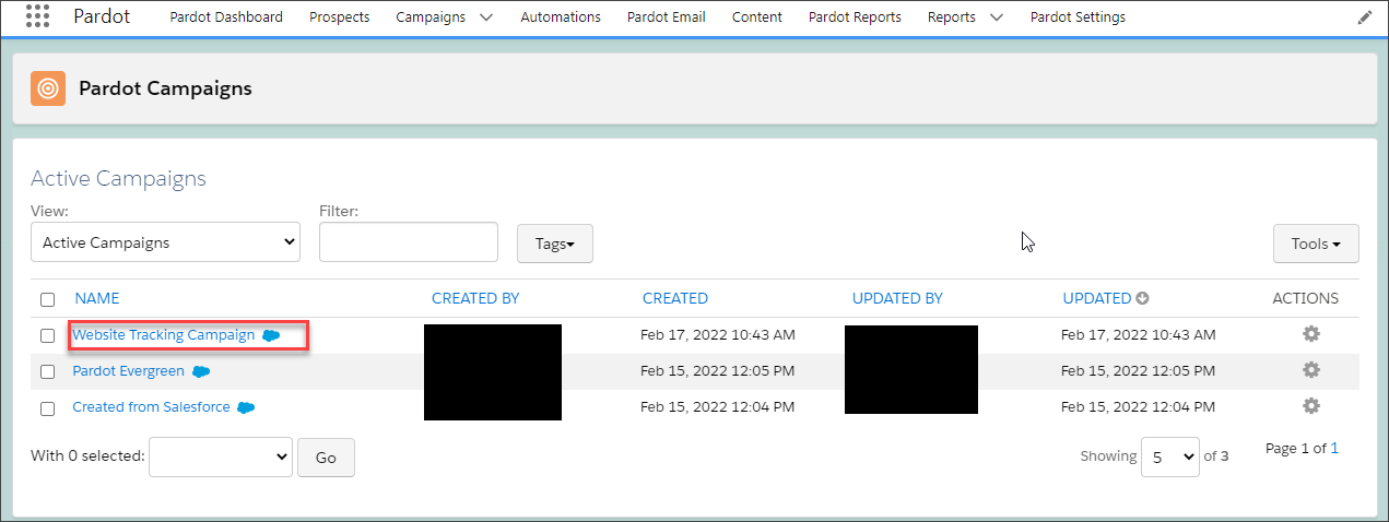 Ensure that the Pardot Campaigns list view includes all active campaigns