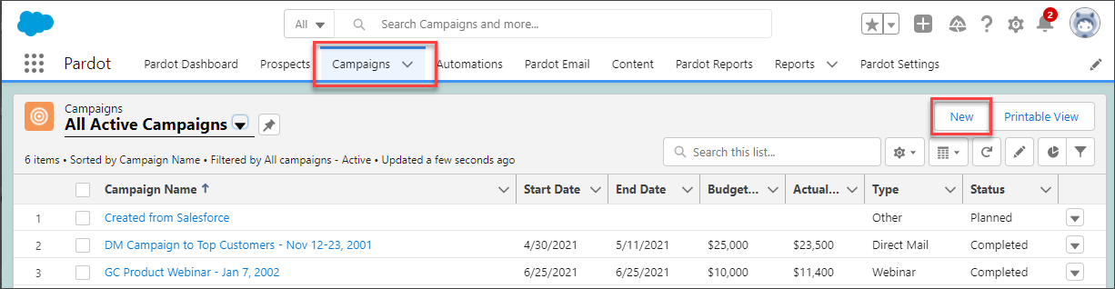 Click New on the Salesforce Campaign tab to create the web tracking campaign