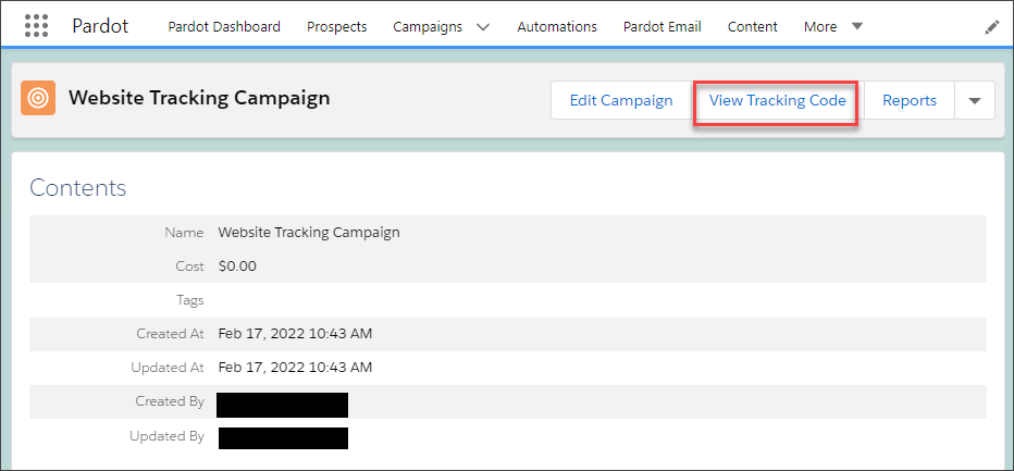 On the web tracking campaign's page, click View Tracking Code