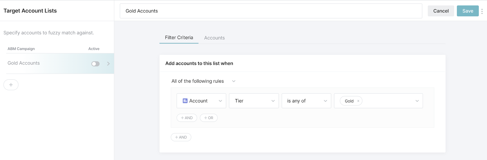 Gold tier Target Account list.
