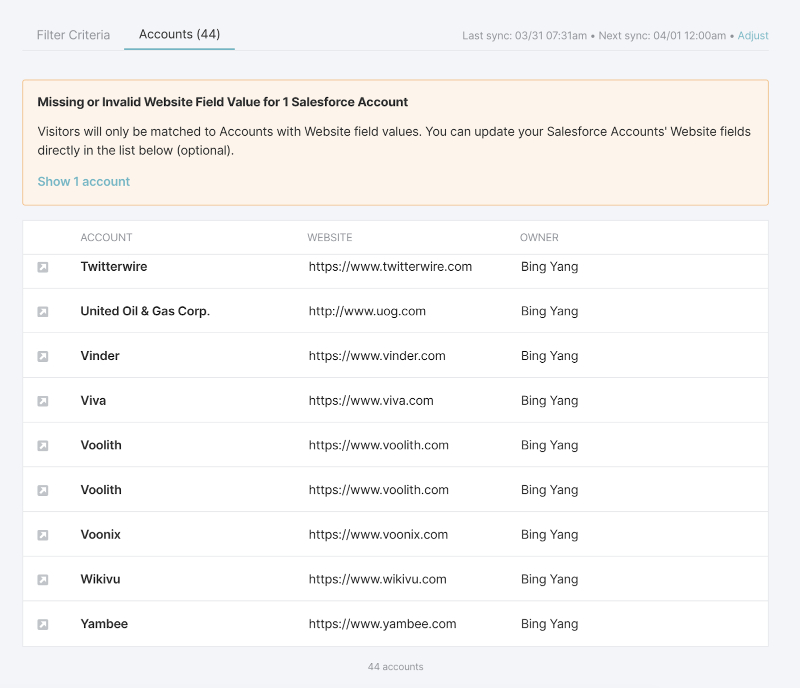 Populated Target Account list.