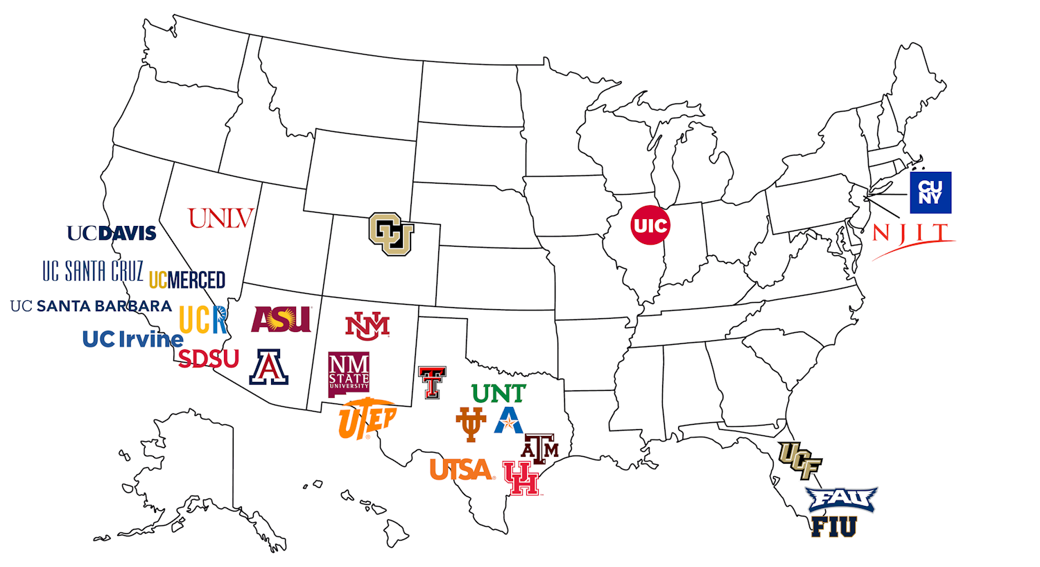 Map of of the US showing HSRU member institutions logos. 