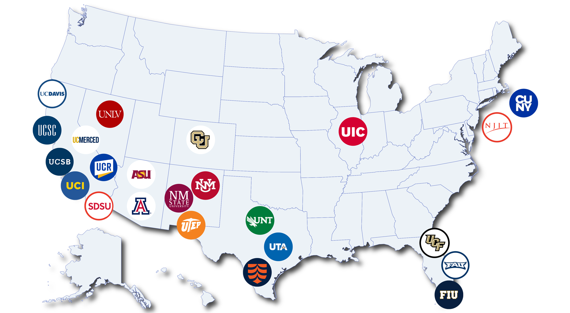 Map of of the US showing HSRU member institutions logos. 