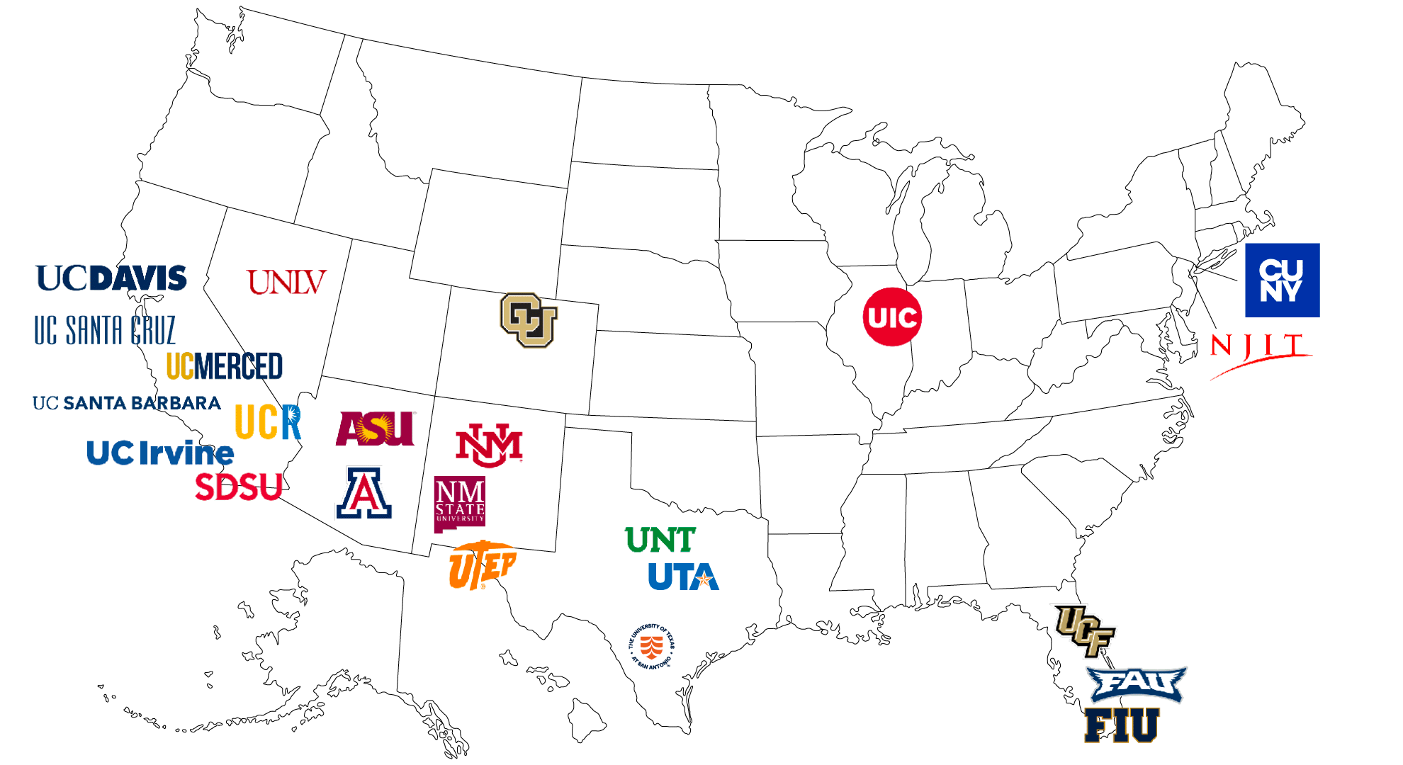 Map of of the US showing HSRU member institutions logos. 