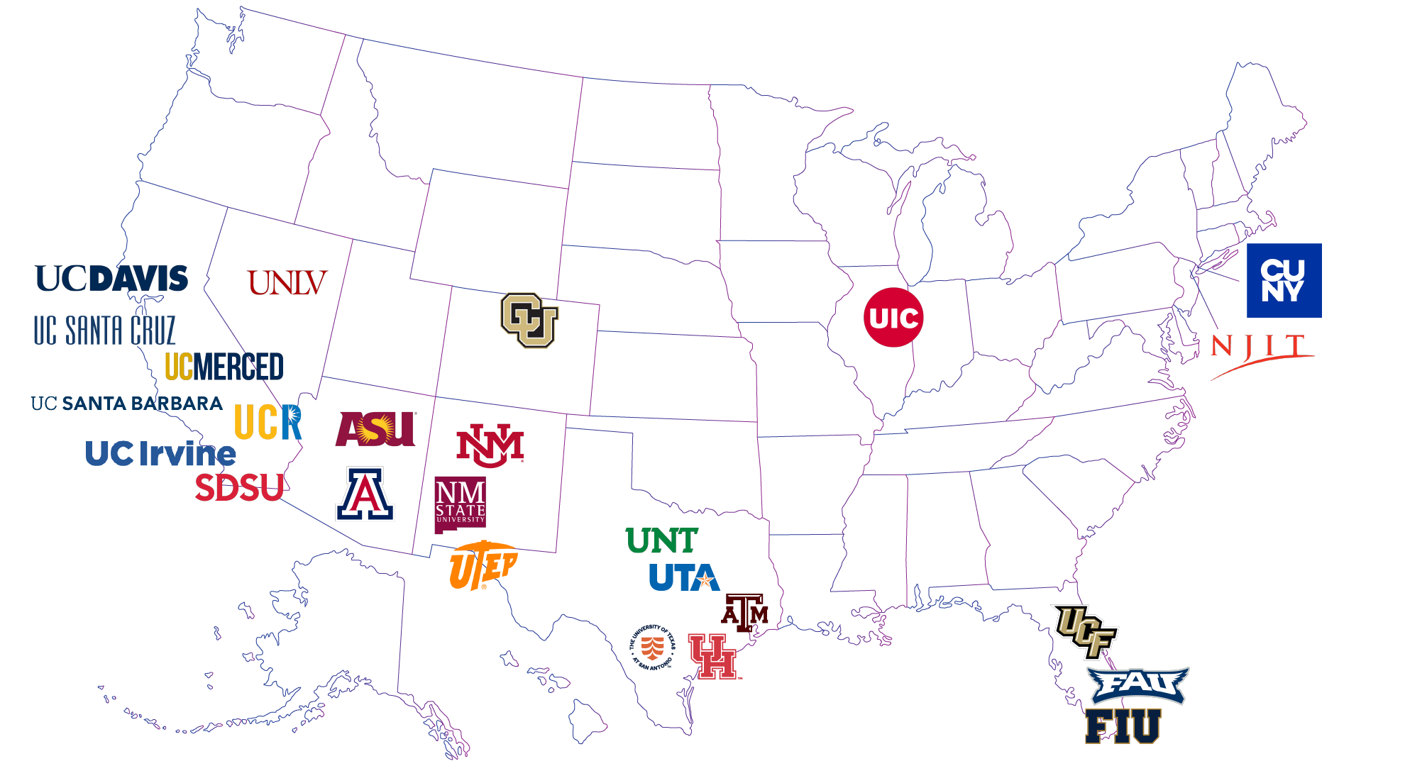 Map of of the US showing HSRU member institutions logos. 