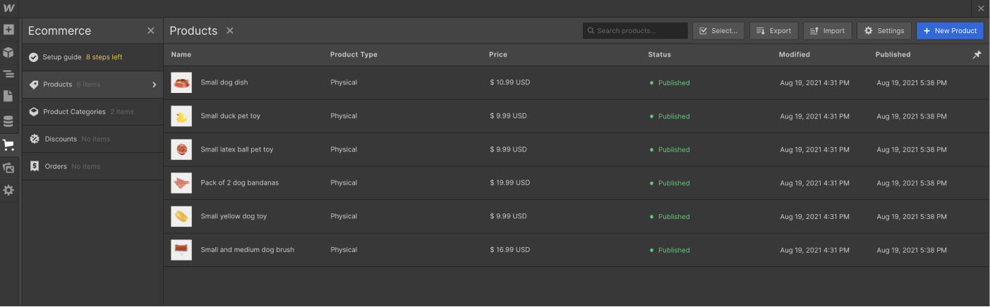 Ecommerce product list with six physical pet items showing name, price, status, and modification dates.