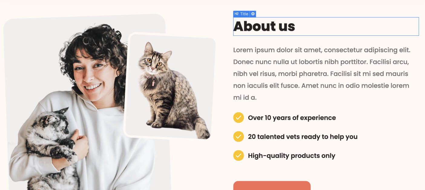 Smiling woman holding a tabby cat next to another tabby cat sitting on a white background.