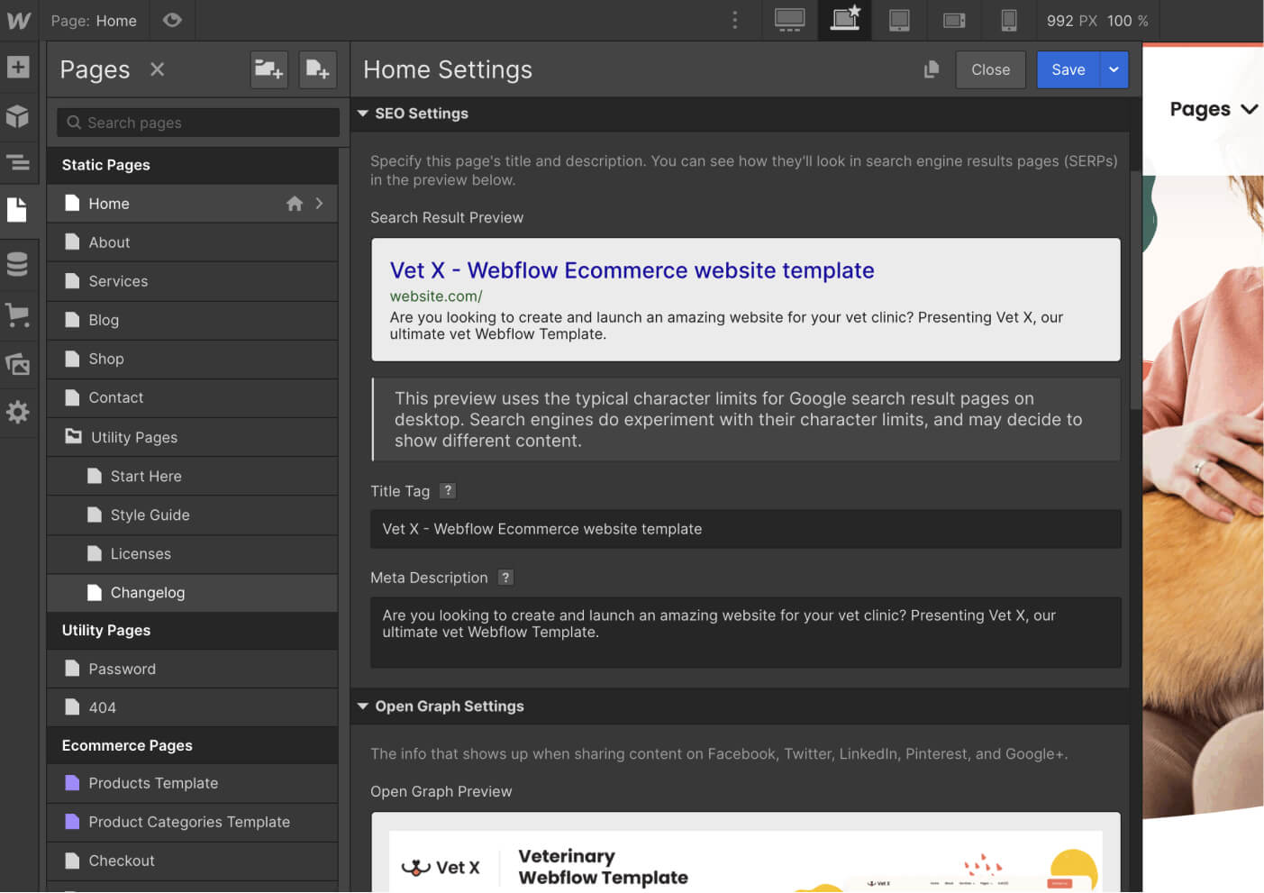 Website settings panel showing SEO and Open Graph settings for Vet X Webflow Ecommerce template.