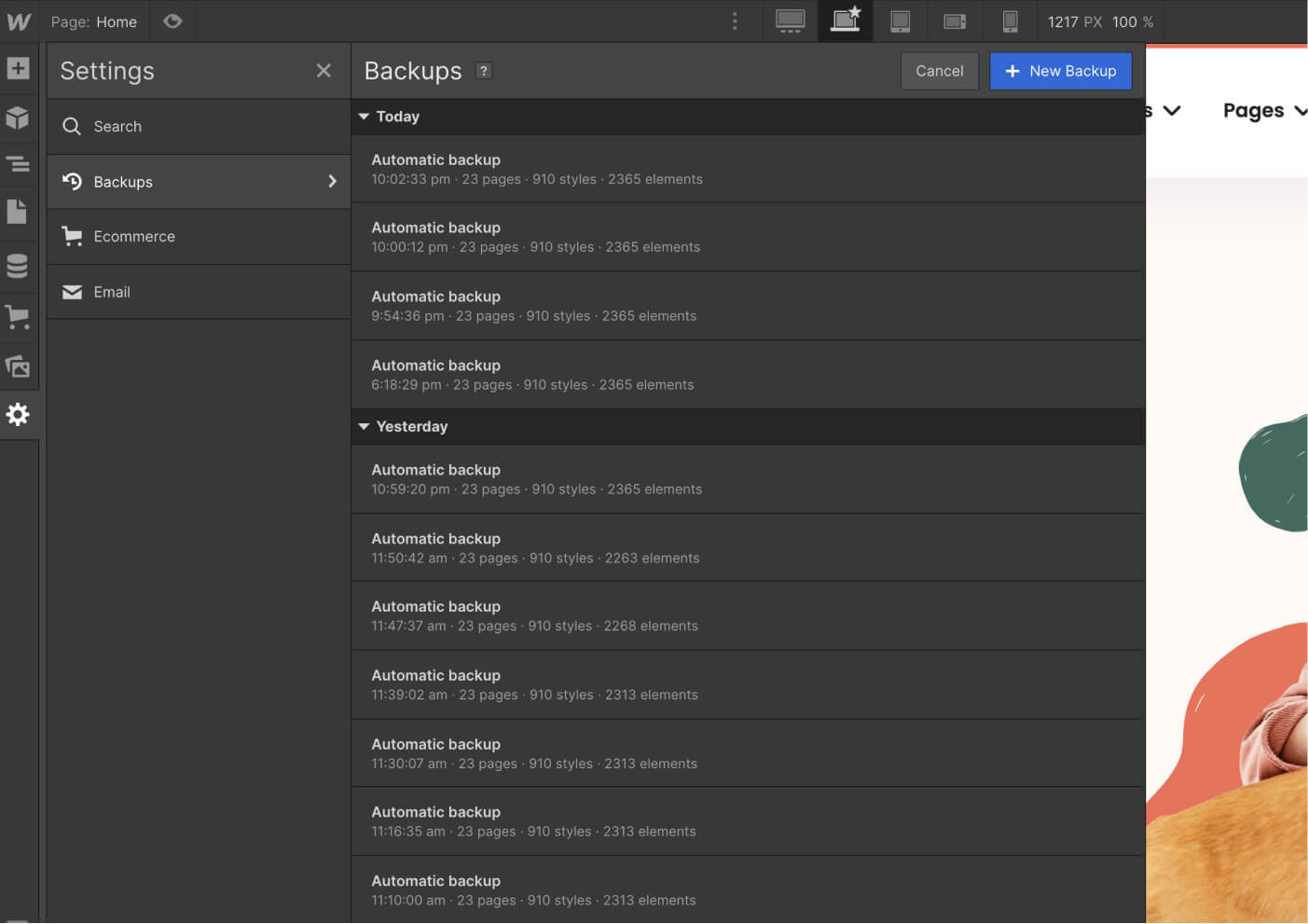 Webflow settings panel showing a list of automatic backups sorted by today and yesterday with timestamps.