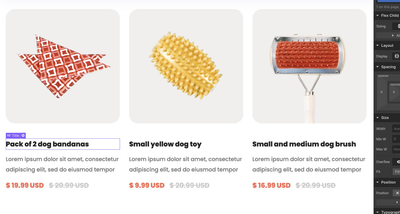 Red patterned dog bandanas folded, yellow spiked dog toy, and two sizes of dog brushes with pins.