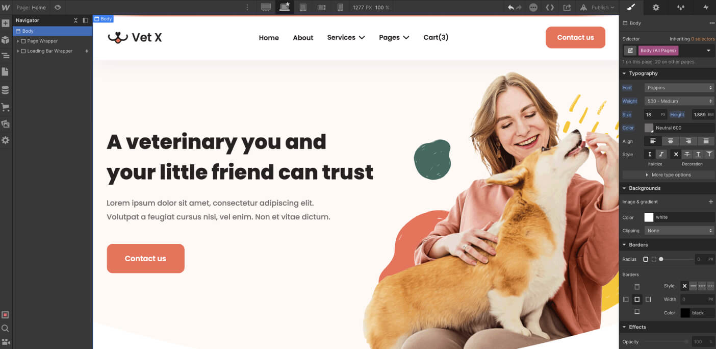 Web page design showing a woman smiling and feeding a playful dog, with veterinary service text.
