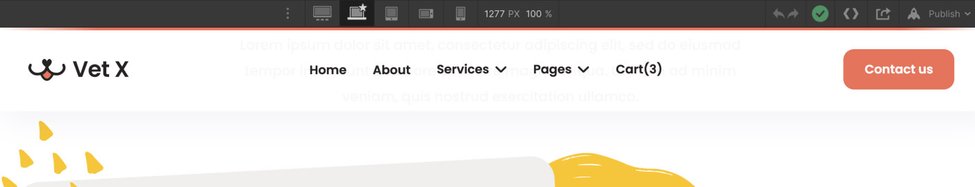 Website header for Vet X with navigation links and orange Contact Us button on white background.
