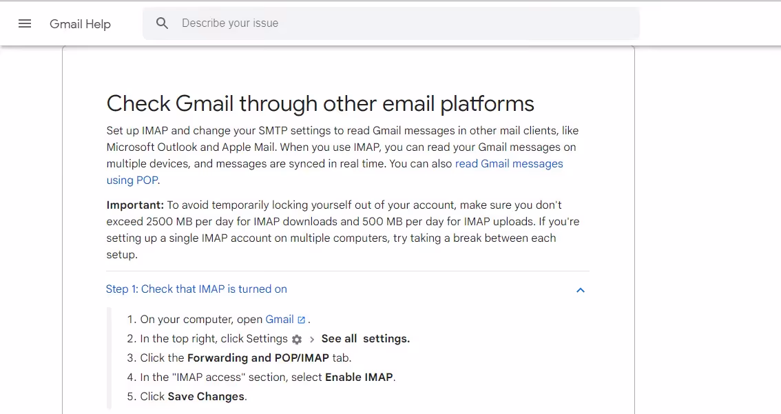 IMAP Settings in Gmail