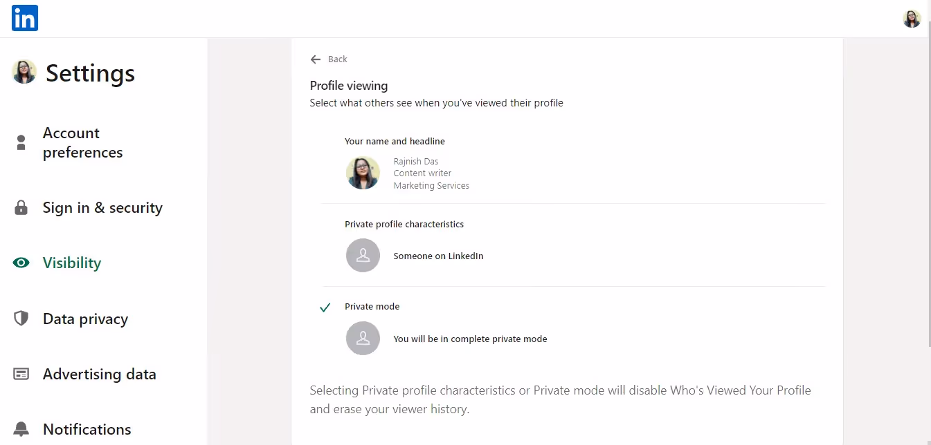 Profile Viewing Options in Linkedin