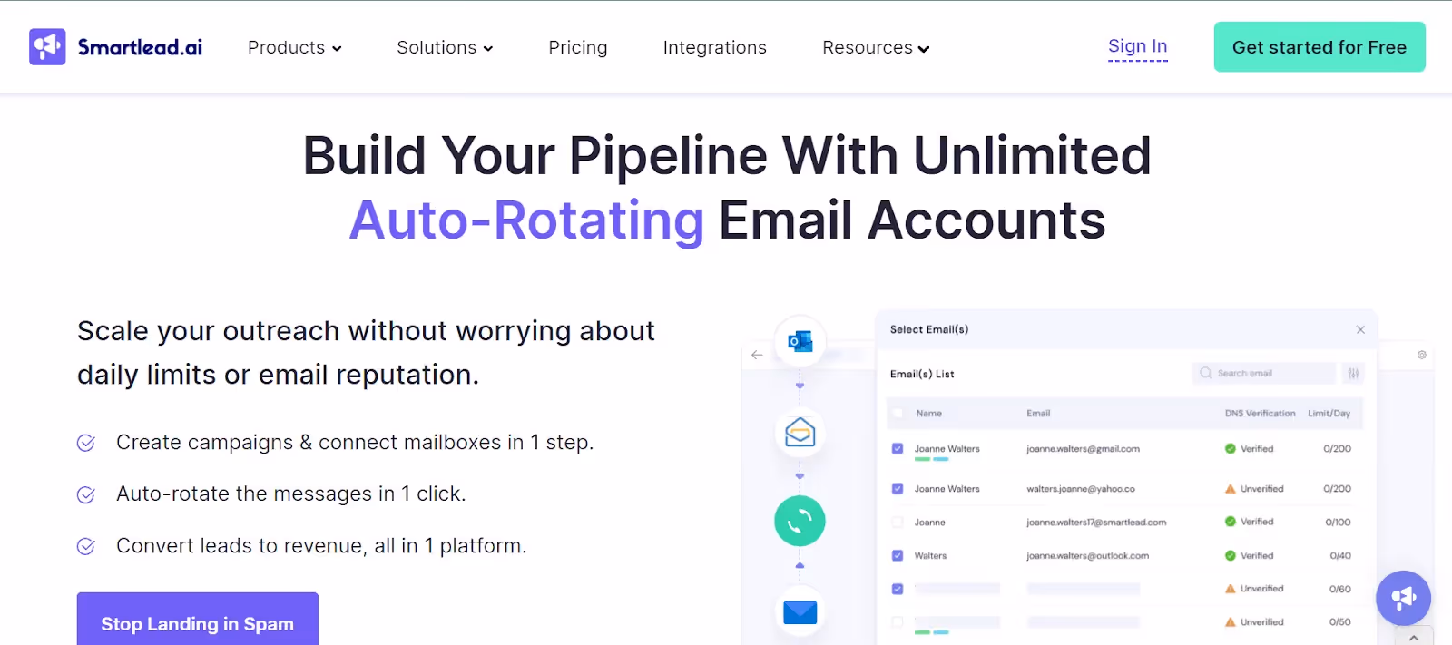 Image of Smartlead homepage of its email warm-up feature
