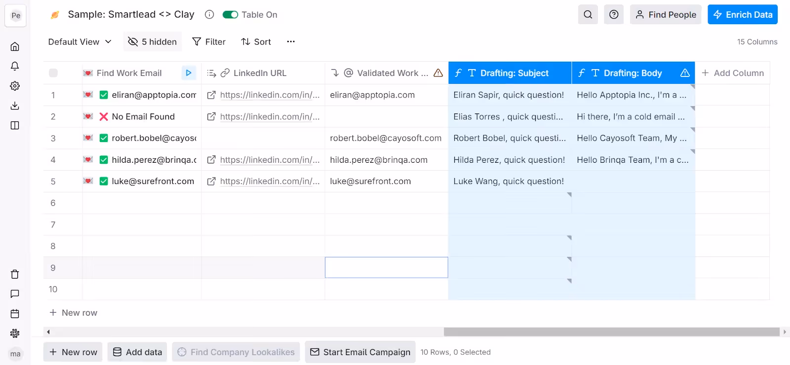 AI drafted cold email messages in Smartlead and Clay integration