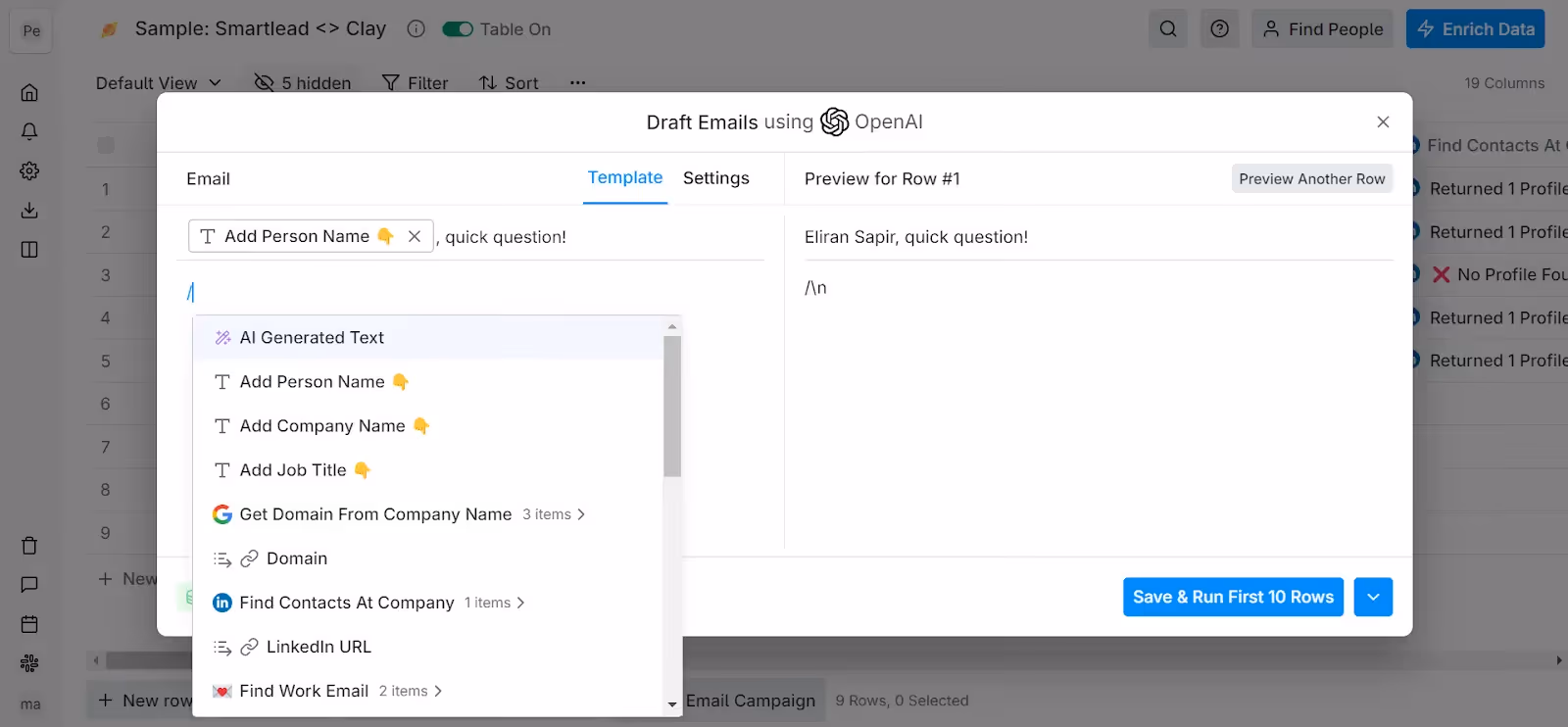Draft AI messages on Clay.com interface