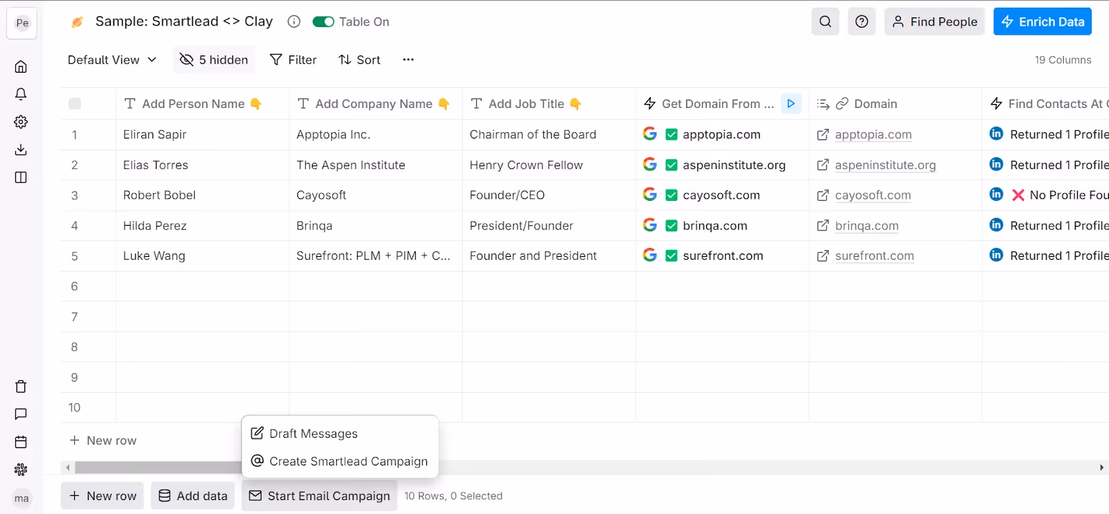 Start email campaign button on Clay.com interface