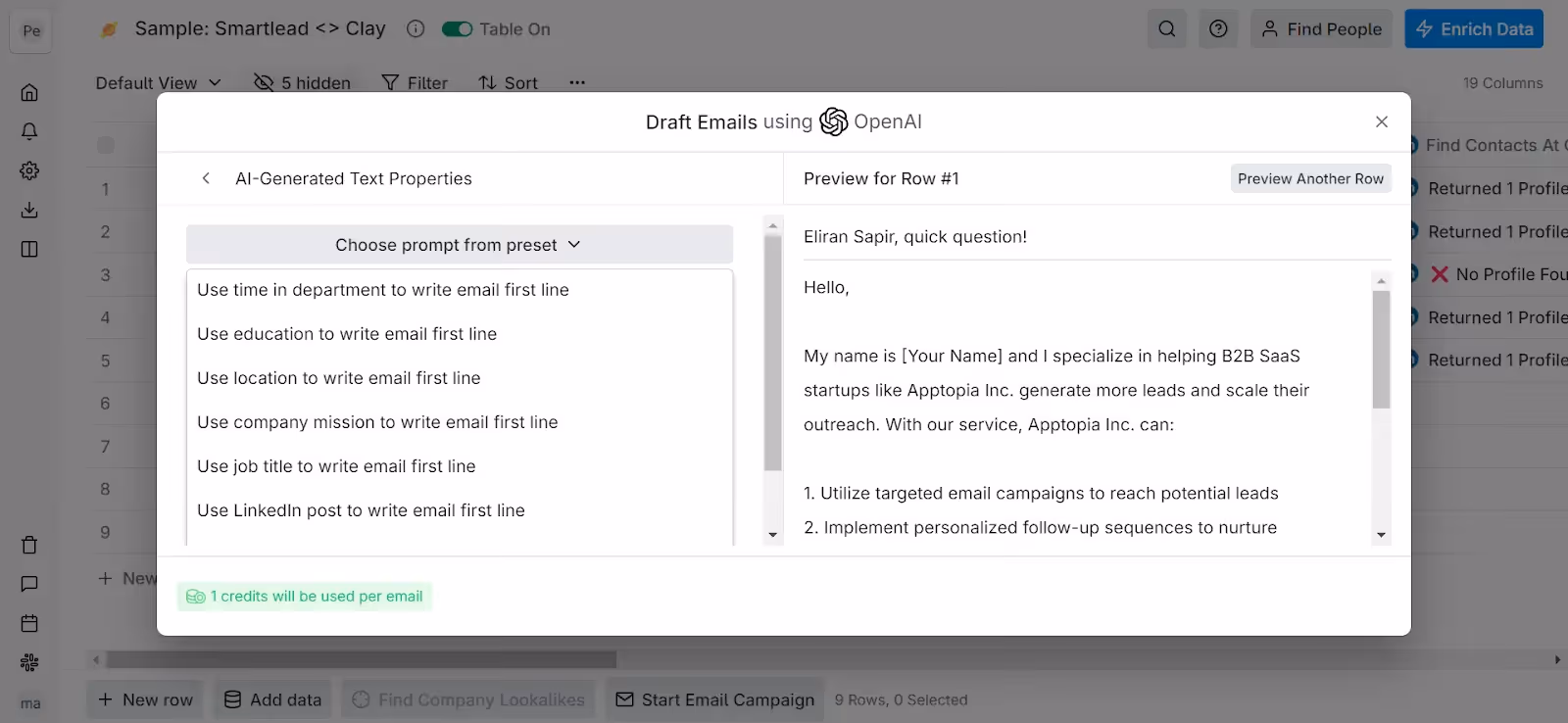 AI messaging interface on Clay.com