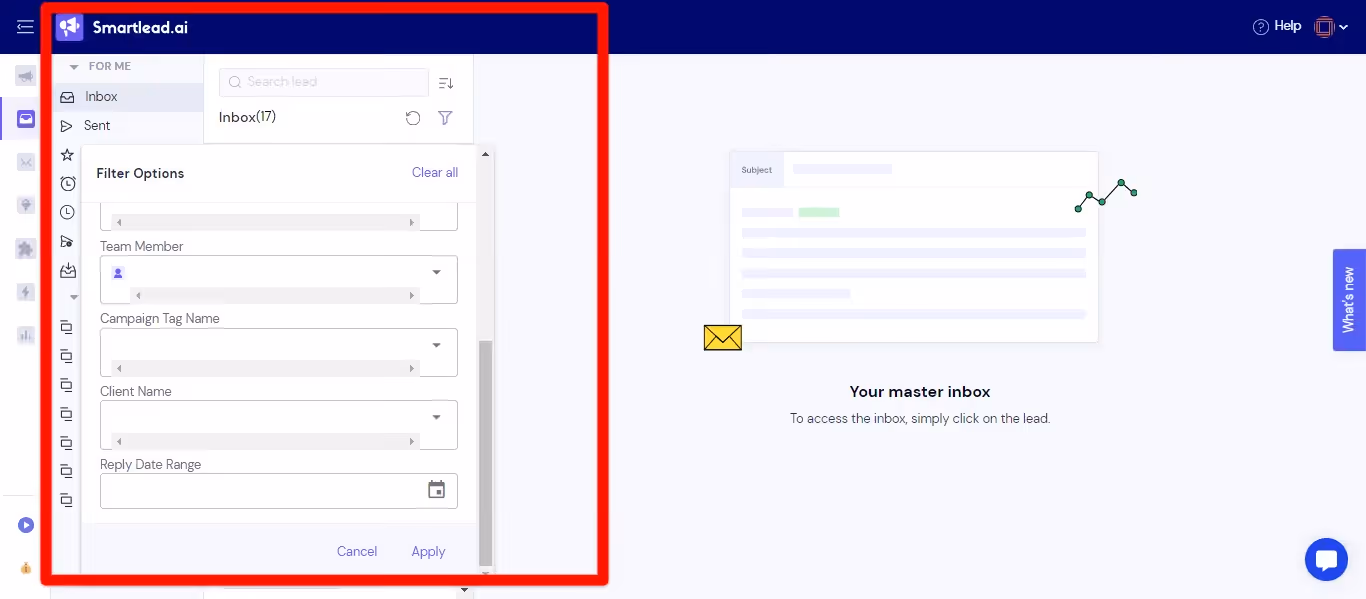 Smartlead Master Inbox Screenshot Filter Feature