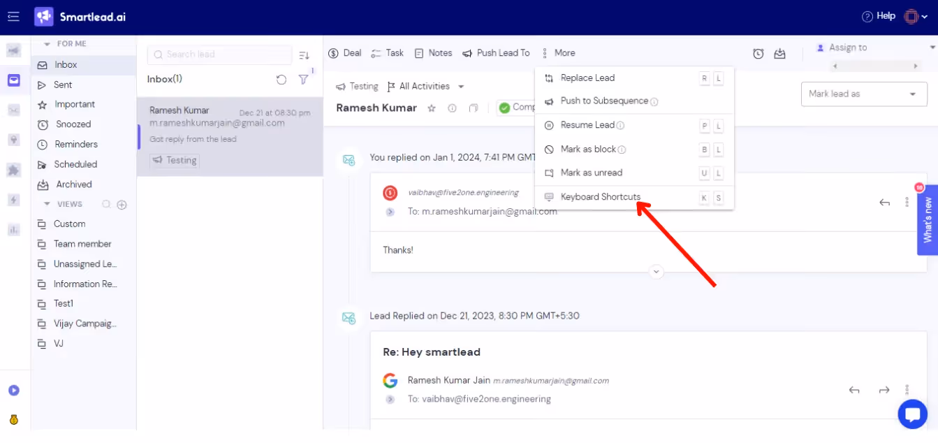 Smartlead Master Inbox 3.0 Keyboard Shortcuts 